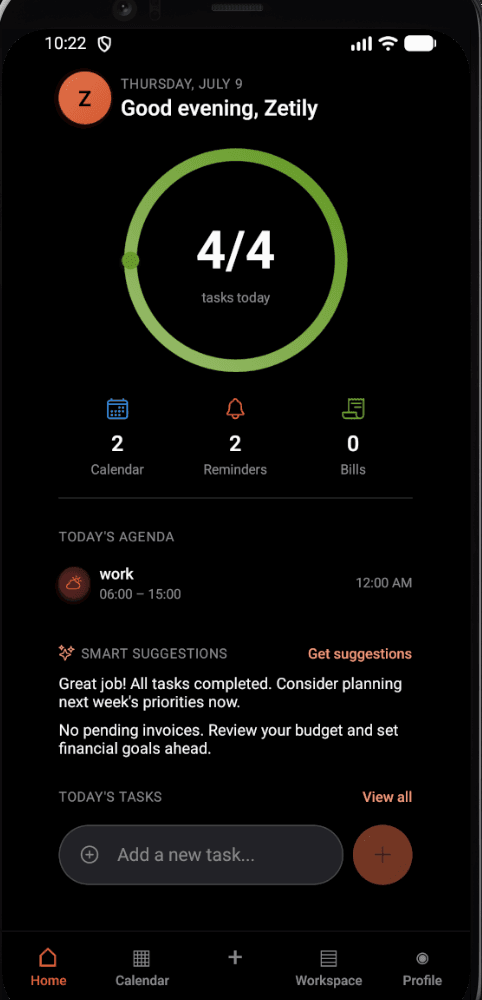 Zetily mobile home screen with daily agenda, goals and smart suggestions