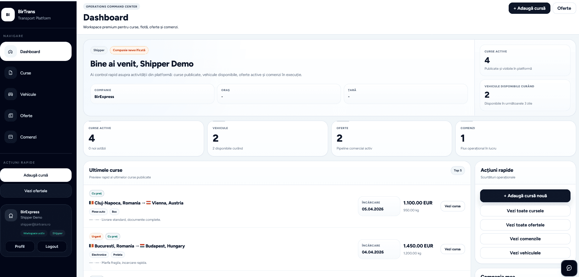 Transport Management Platform dashboard